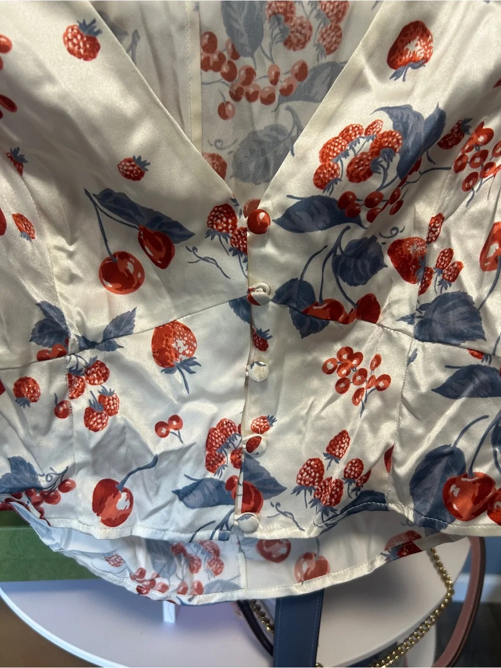 Reformation White Cherry-Print Puff Sleeve Blouse